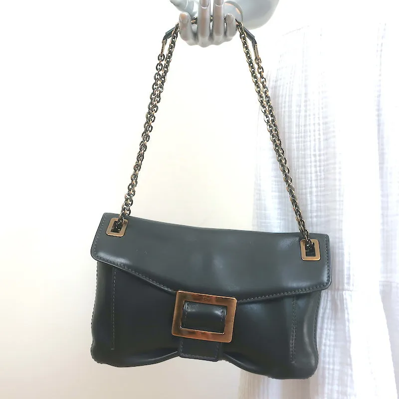 Roger Vivier Metro Shoulder Bag Dark Brown Leather Chain Strap Medium Crossbody