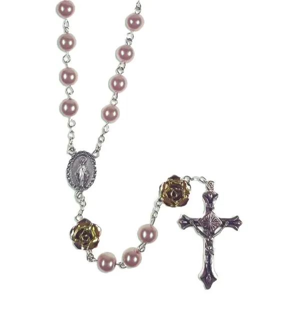 Rose Colored Imitation Pearl Rosary with Gold Tone Rose Petal Our Father Beads