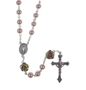 Rose Colored Imitation Pearl Rosary with Gold Tone Rose Petal Our Father Beads
