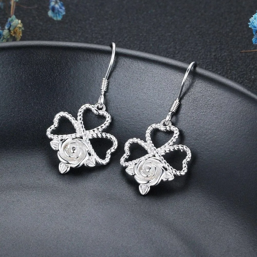 Rose Design Drop Earrings For Women 925 Sterling Silver Party Jewelry Gift For Her