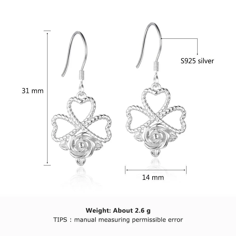 Rose Design Drop Earrings For Women 925 Sterling Silver Party Jewelry Gift For Her