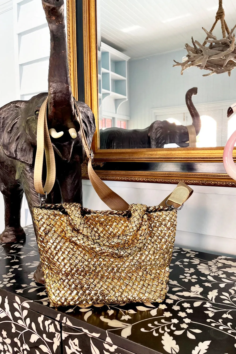 ROSELLE AGNES METALLIC WOVEN NEOPRENE TOTE GOLD