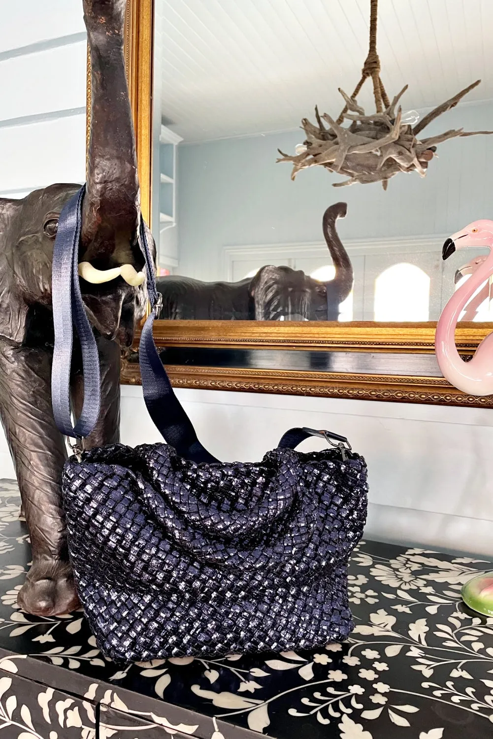 ROSELLE AGNES METALLIC WOVEN NEOPRENE TOTE NAVY