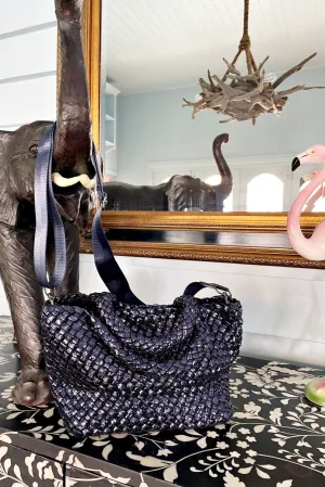 ROSELLE AGNES METALLIC WOVEN NEOPRENE TOTE NAVY