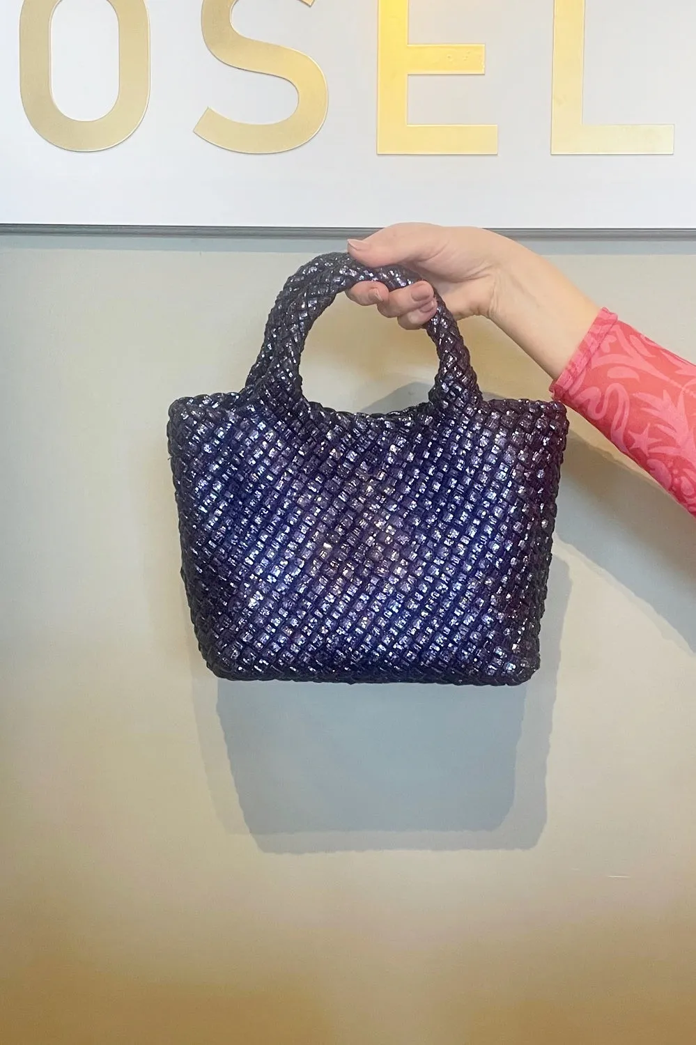 ROSELLE AGNES METALLIC WOVEN NEOPRENE TOTE NAVY