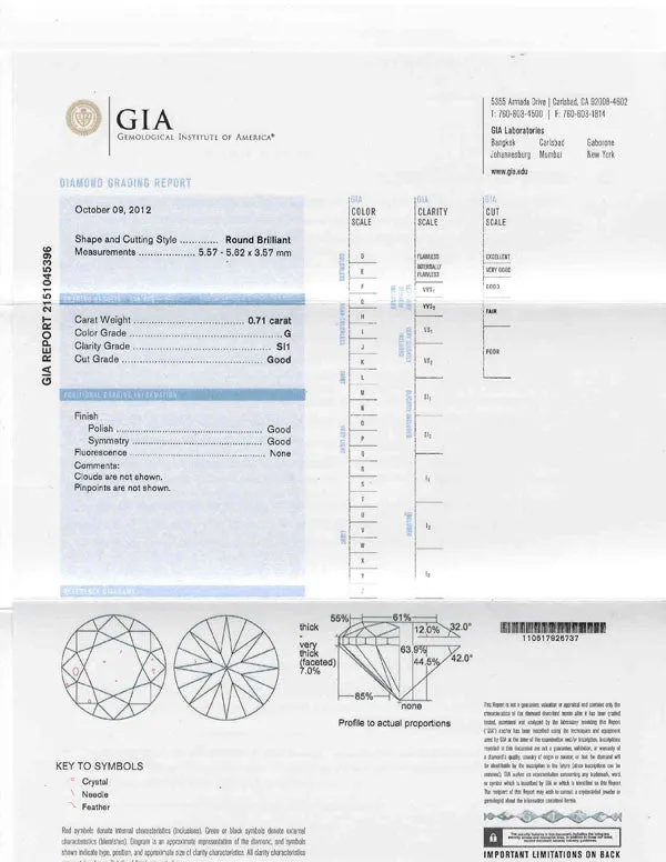 Round Brilliant Diamond GIA Certified 0.71ct G-SI1