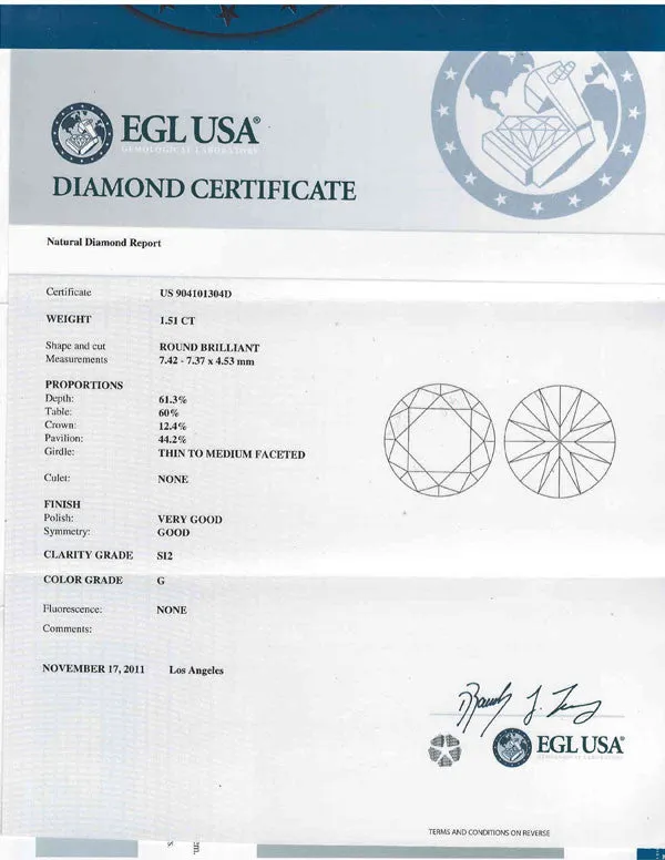 Round Cut Diamond EGL USA Certified 1.51ct G-SI2