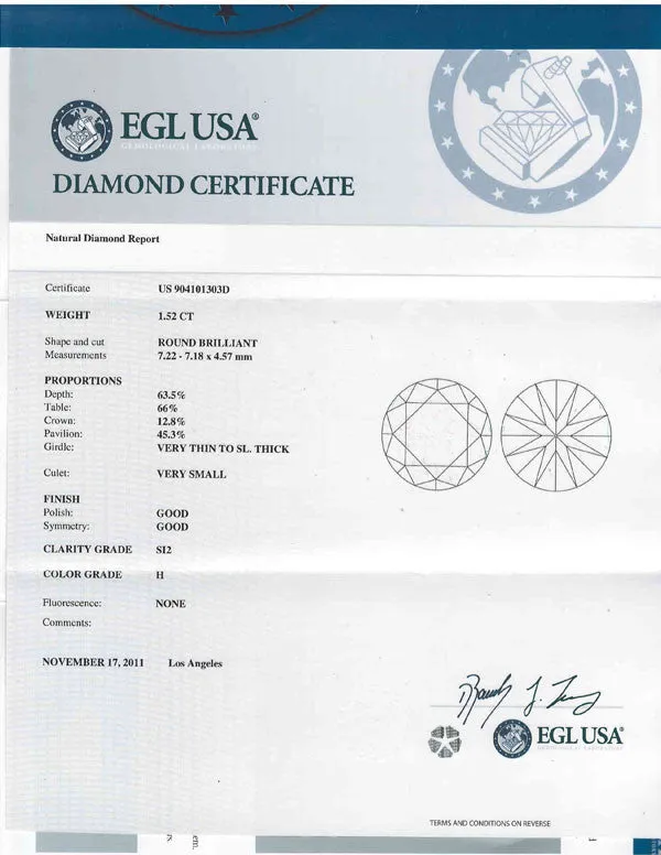 Round Cut Diamond EGL USA Certified 1.52ct H-SI2