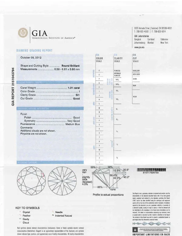 Round Cut Diamond GIA Certified 1.01ct I-SI1