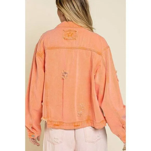 SALE! POL CLOTHING USA Neon Orange Destroyed Denim Jacket Relaxed Star SMJ139