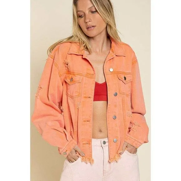 SALE! POL CLOTHING USA Neon Orange Destroyed Denim Jacket Relaxed Star SMJ139