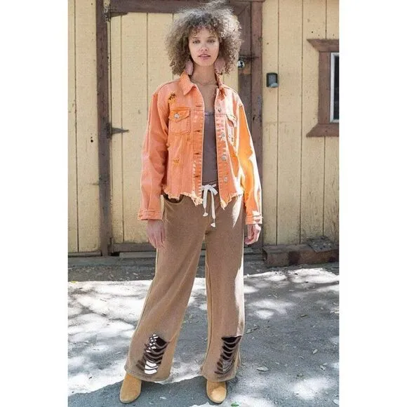 SALE! POL CLOTHING USA Neon Orange Destroyed Denim Jacket Relaxed Star SMJ139