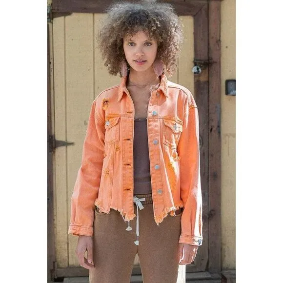 SALE! POL CLOTHING USA Neon Orange Destroyed Denim Jacket Relaxed Star SMJ139