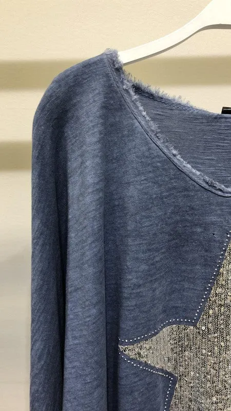 Sequin. Star Fringe V Neck Long Sleeve Top