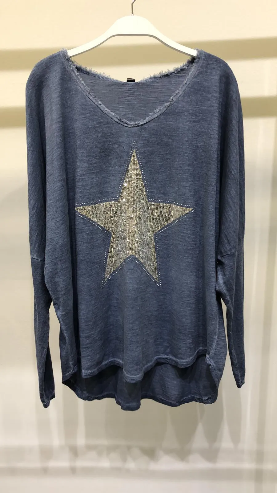 Sequin. Star Fringe V Neck Long Sleeve Top