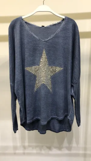 Sequin. Star Fringe V Neck Long Sleeve Top