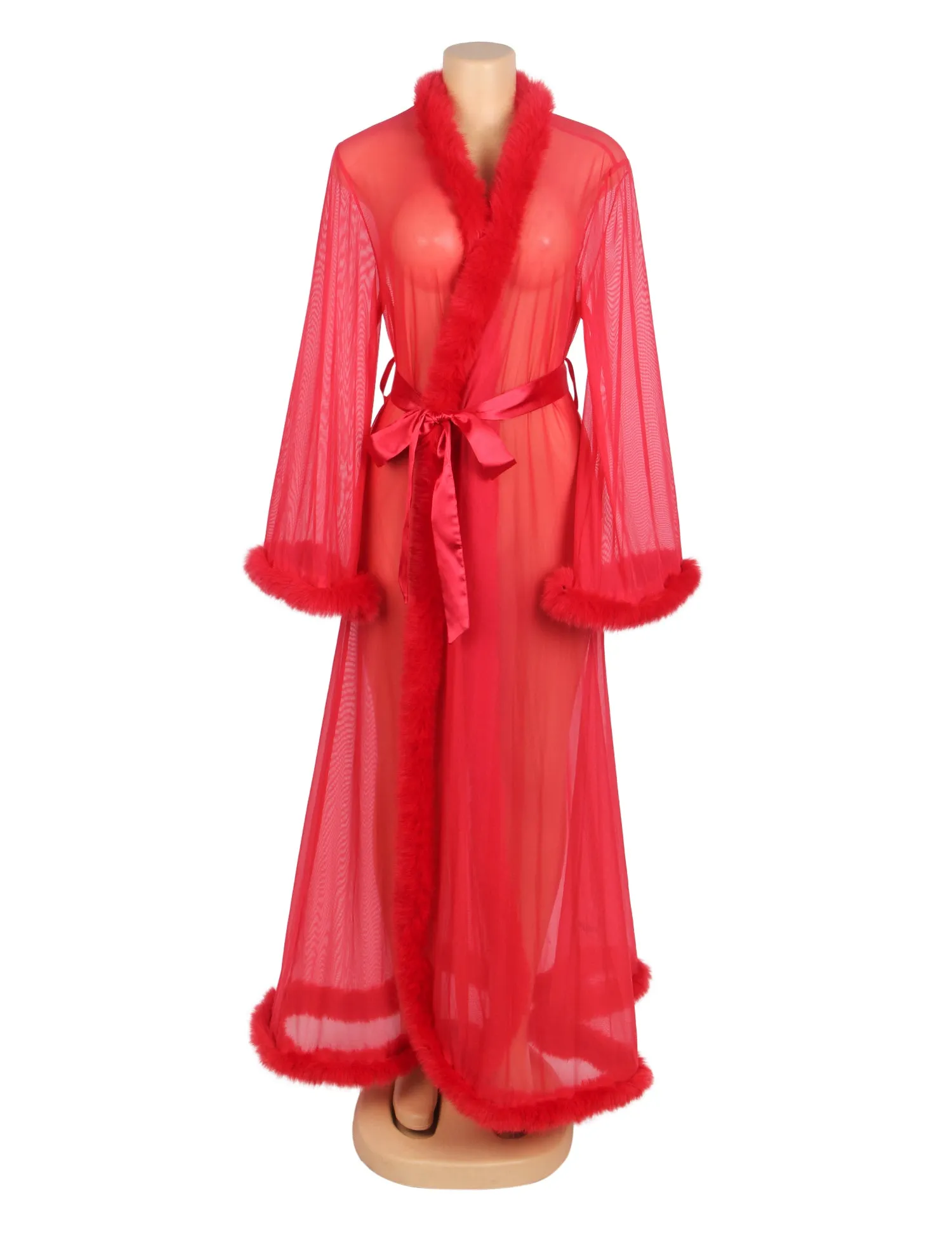 Sexy Mesh Imitation Mink Fur Trim Long Robe Egypt With Belt Lingerie