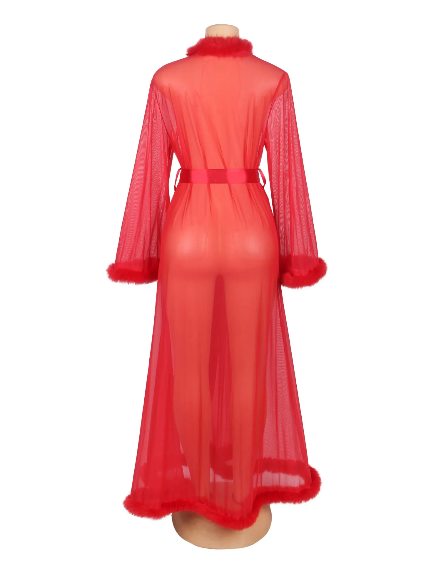Sexy Mesh Imitation Mink Fur Trim Long Robe Egypt With Belt Lingerie