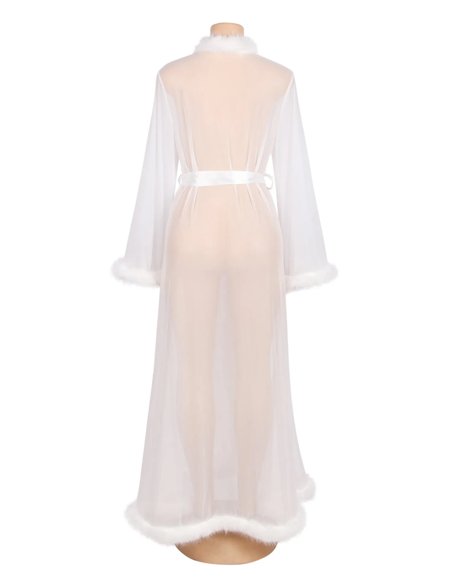 Sexy Mesh Imitation Mink Fur Trim Long Robe Egypt With Belt Lingerie