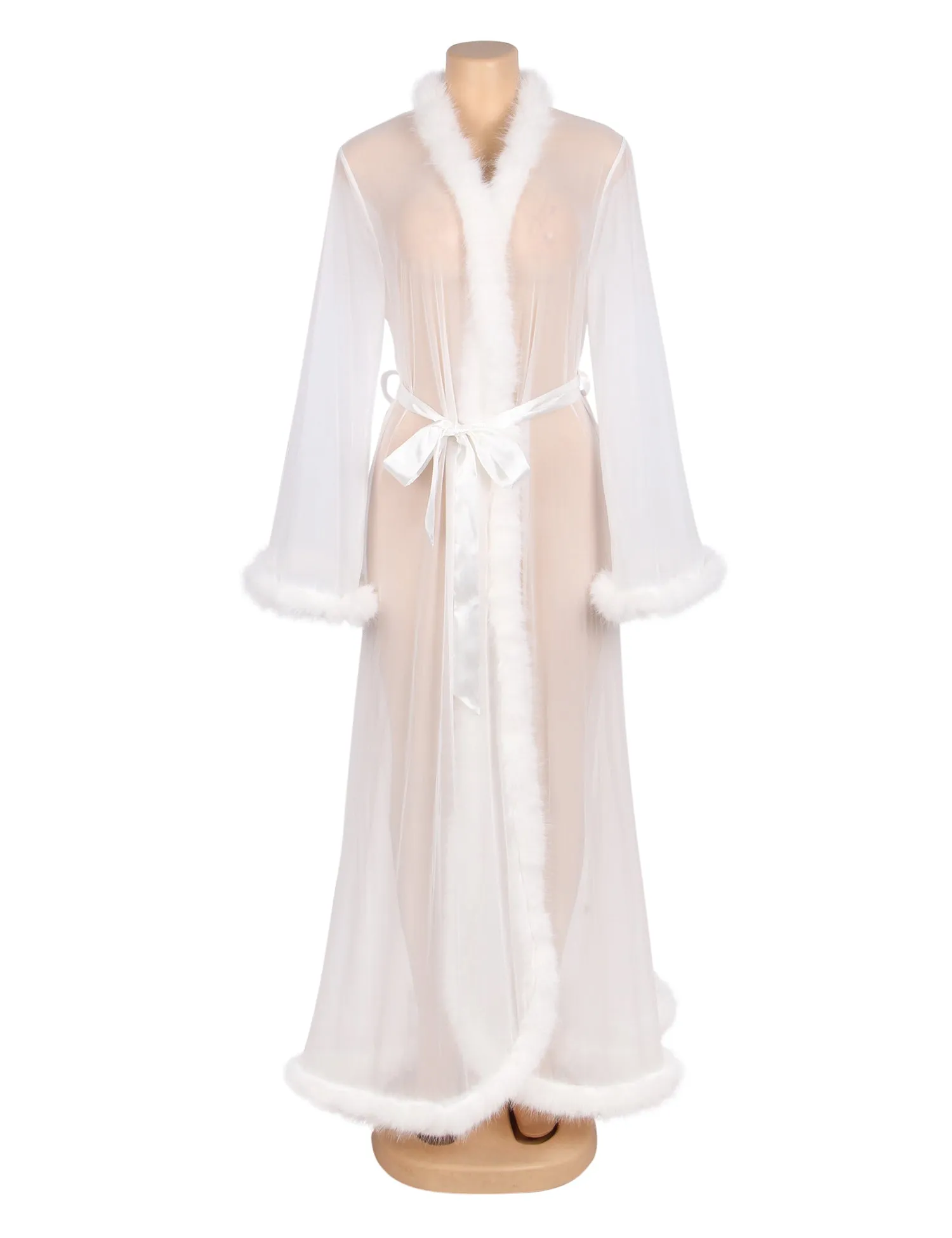 Sexy Mesh Imitation Mink Fur Trim Long Robe Egypt With Belt Lingerie