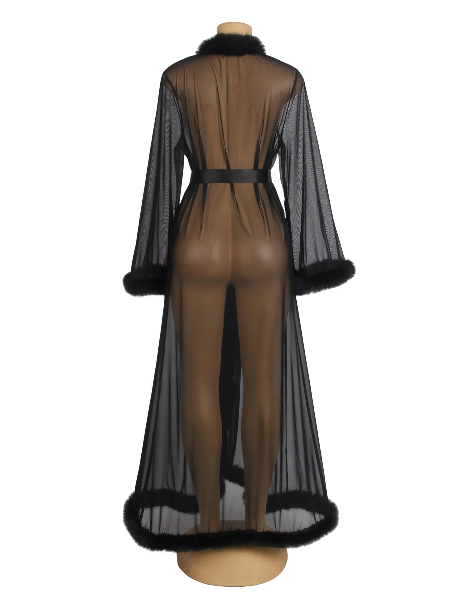Sexy Mesh Imitation Mink Fur Trim Long Robe With Belt Lingerie Egypt