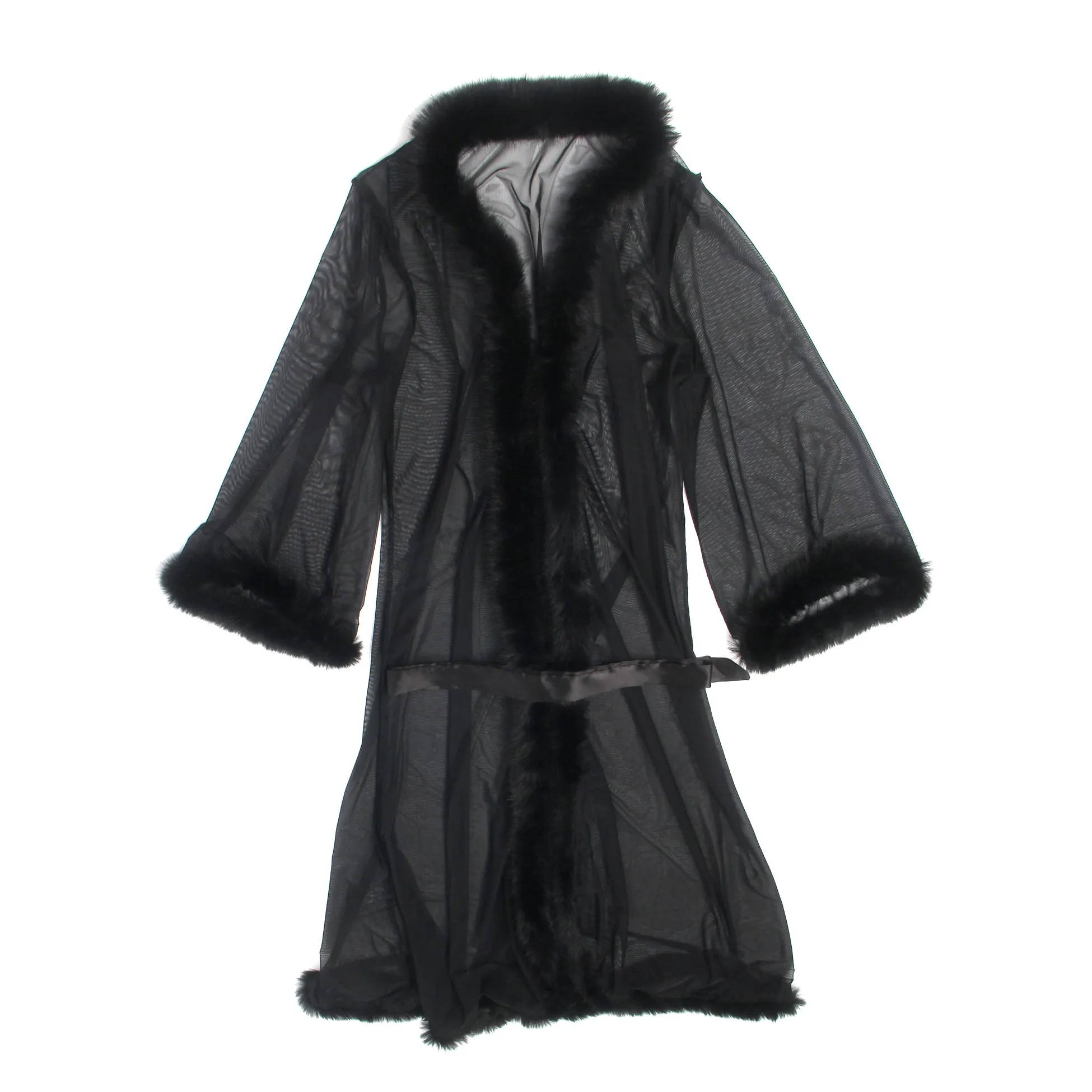 Sexy Mesh Imitation Mink Fur Trim Long Robe With Belt Lingerie Egypt