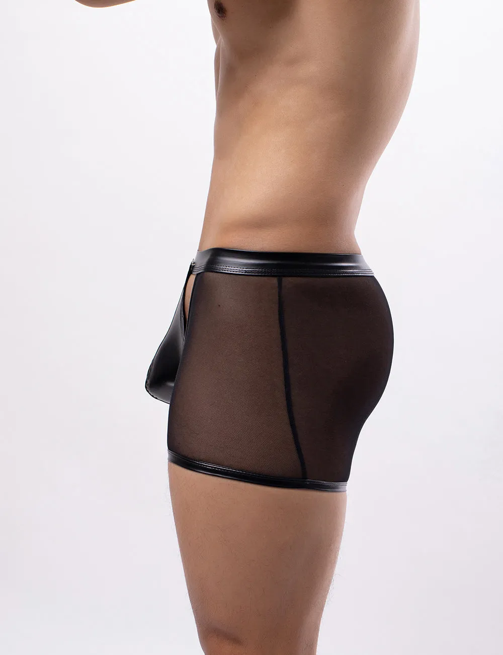Sexy Mesh Openable Crotch Imitation Leather Men's Boxer Underwear