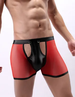 Sexy Mesh Openable Crotch Imitation Leather Men's Boxer Underwear