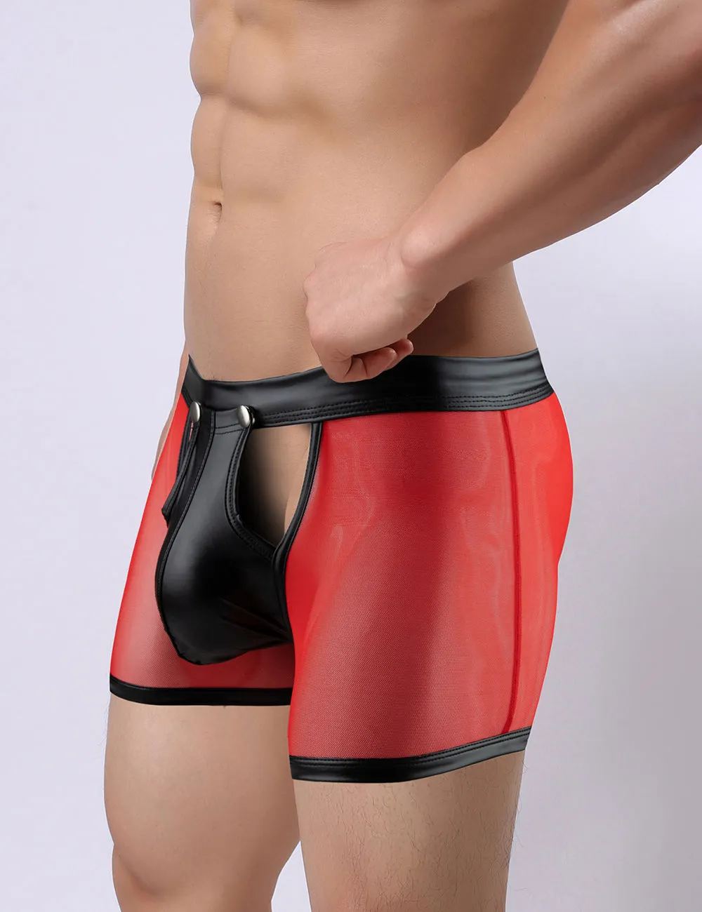Sexy Mesh Openable Crotch Imitation Leather Men's Boxer Underwear