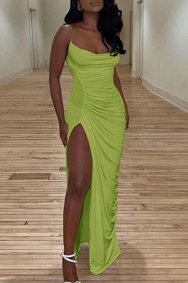 Sexy Party Solid High Opening Fold Spaghetti Strap One Step Skirt Dresses