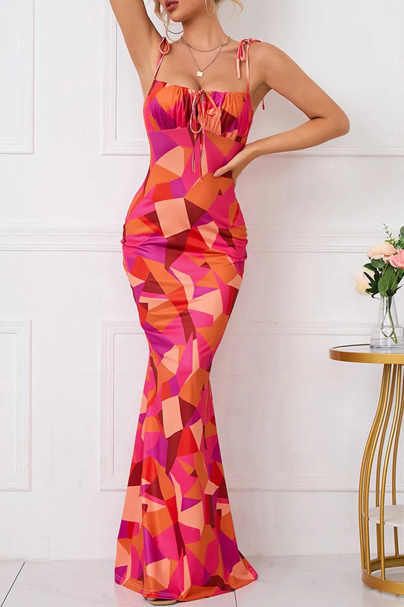Sexy Vintage Print Flowers Frenulum Backless Square Collar One Step Skirt Dresses