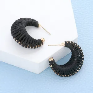 Small Black Raffia Wrapped Fun Fashion Earrings | Small Headshot Earrings | 597618