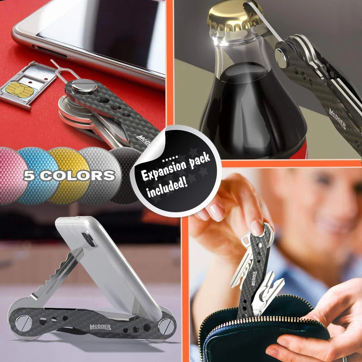 Smart Compact Key Organizer Keychain - VER 2.0 Stainless Steel Screws, Carbon Fiber Key Holder Keyring up to 20 Keys with Carabiner, Cash Stash SIM and Bottle Opener, Blue Folding Keychain Multitool