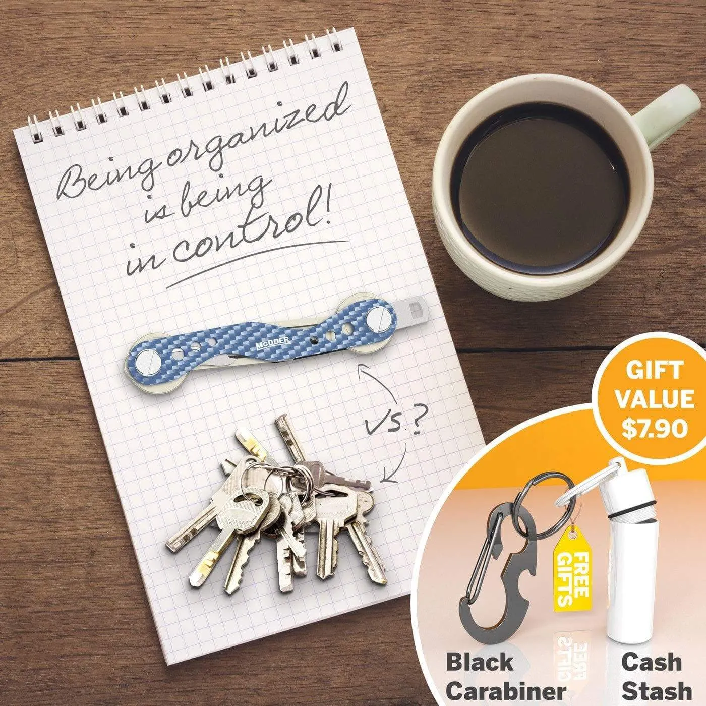 Smart Compact Key Organizer Keychain - VER 2.0 Stainless Steel Screws, Carbon Fiber Key Holder Keyring up to 20 Keys with Carabiner, Cash Stash SIM and Bottle Opener, Blue Folding Keychain Multitool