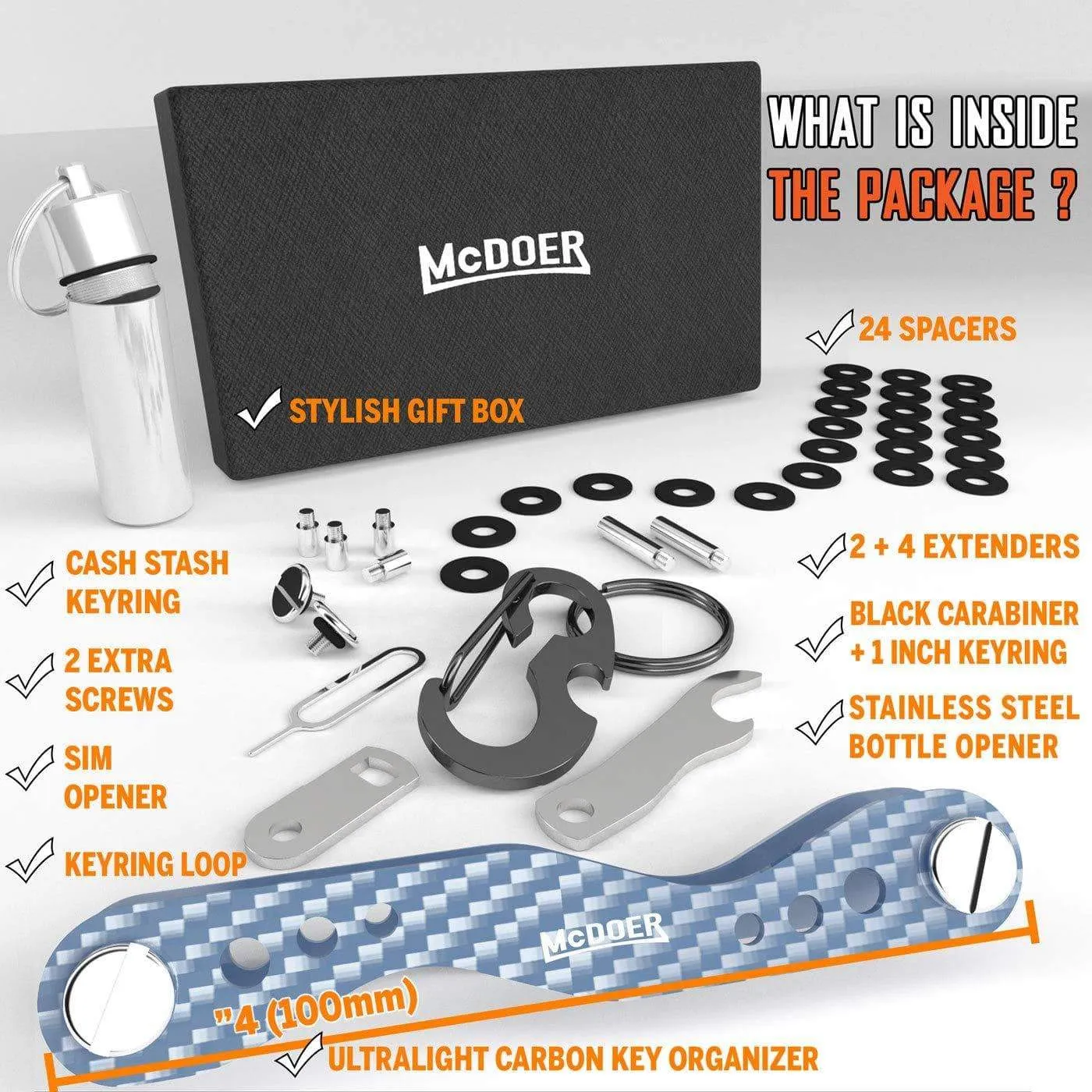 Smart Compact Key Organizer Keychain - VER 2.0 Stainless Steel Screws, Carbon Fiber Key Holder Keyring up to 20 Keys with Carabiner, Cash Stash SIM and Bottle Opener, Blue Folding Keychain Multitool