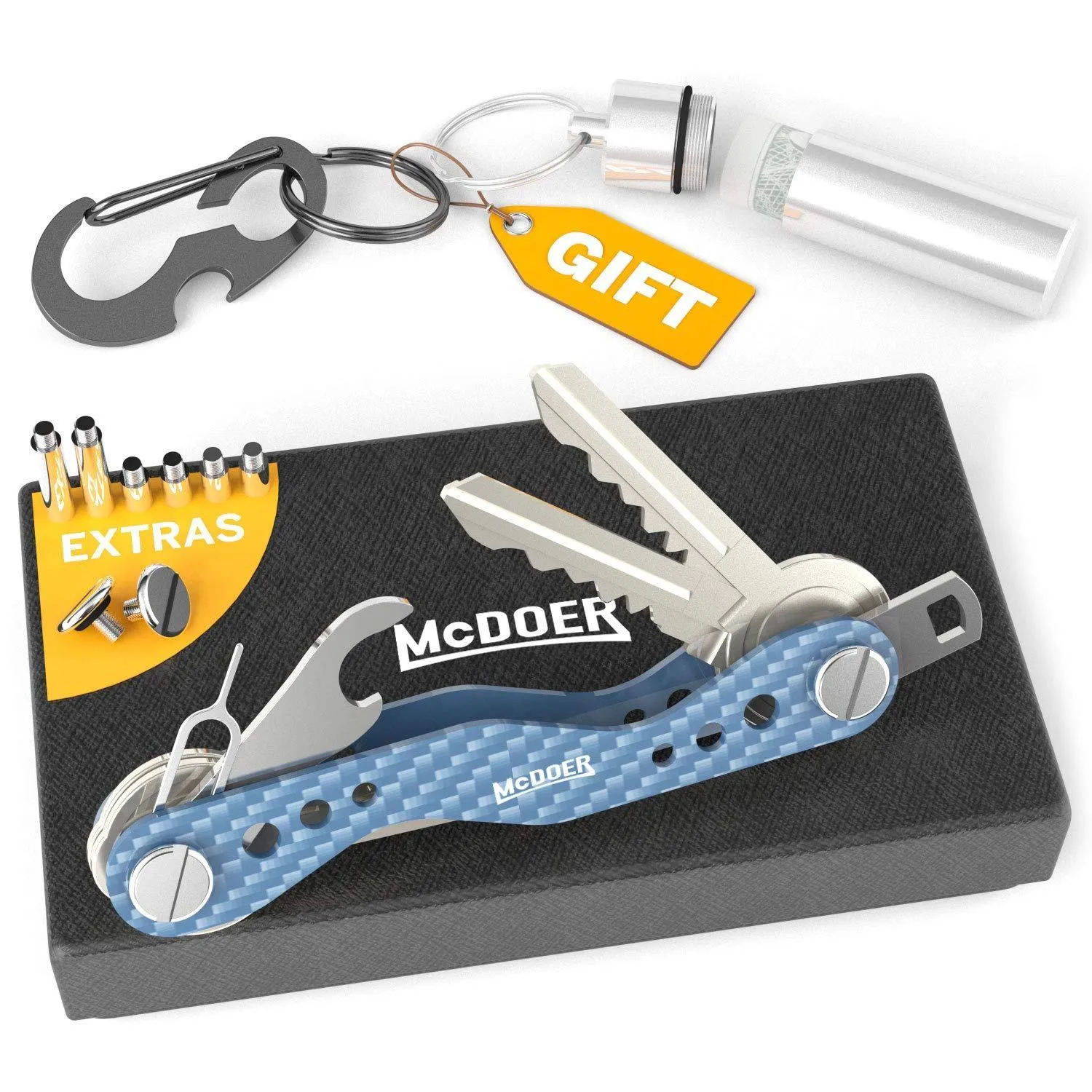 Smart Compact Key Organizer Keychain - VER 2.0 Stainless Steel Screws, Carbon Fiber Key Holder Keyring up to 20 Keys with Carabiner, Cash Stash SIM and Bottle Opener, Blue Folding Keychain Multitool