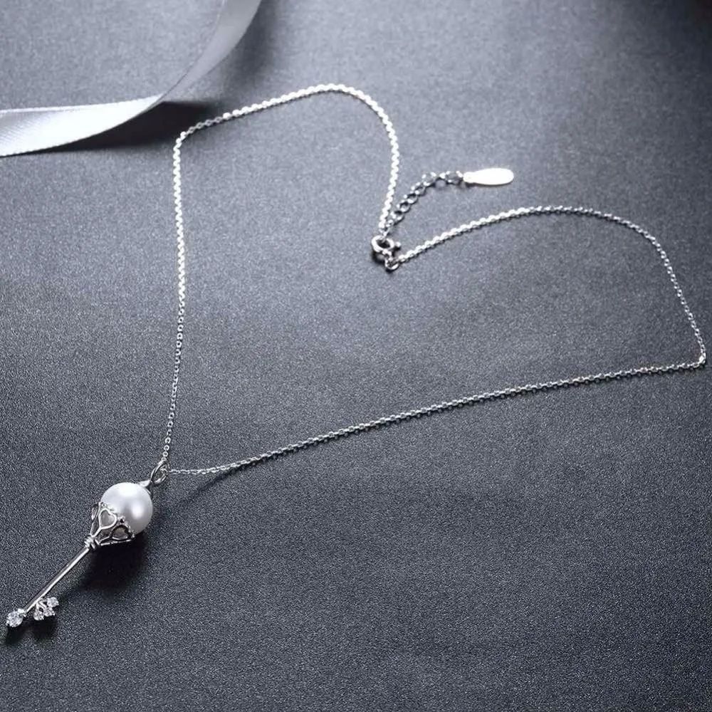 Solid Women’s 925 Sterling Silver Necklace with Key Design Simulated Pearl Pendant, Trendy Fashion Jewelry for Girls