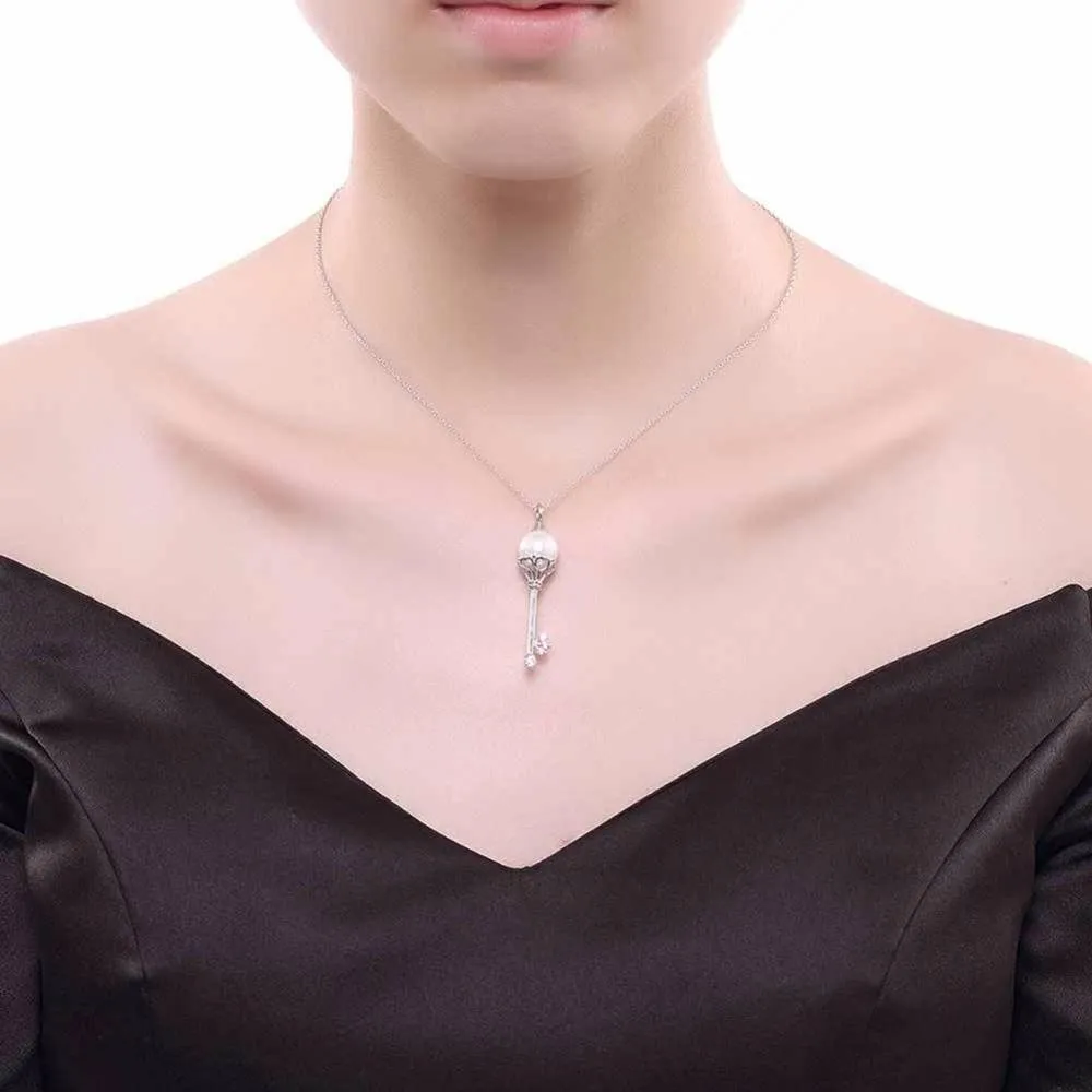 Solid Women’s 925 Sterling Silver Necklace with Key Design Simulated Pearl Pendant, Trendy Fashion Jewelry for Girls