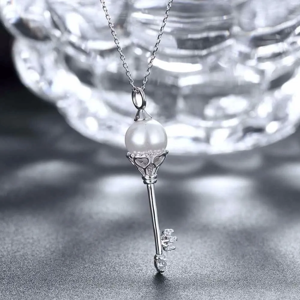 Solid Women’s 925 Sterling Silver Necklace with Key Design Simulated Pearl Pendant, Trendy Fashion Jewelry for Girls