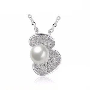 Solid Women’s 925 Sterling Silver Necklace with Simulated Pearl Shell Design Pendant, Trendy Fashion Jewelry for Women
