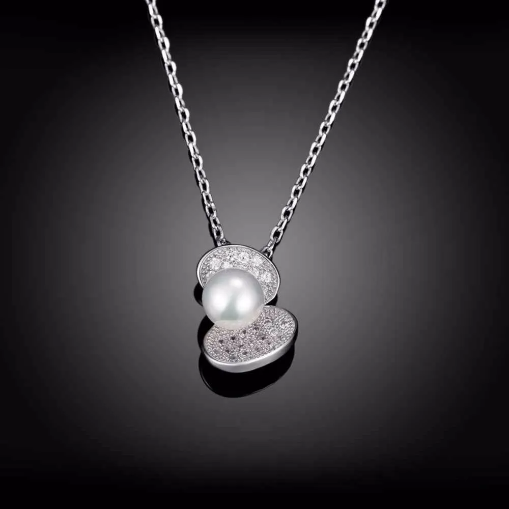 Solid Women’s 925 Sterling Silver Necklace with Simulated Pearl Shell Design Pendant, Trendy Fashion Jewelry for Women