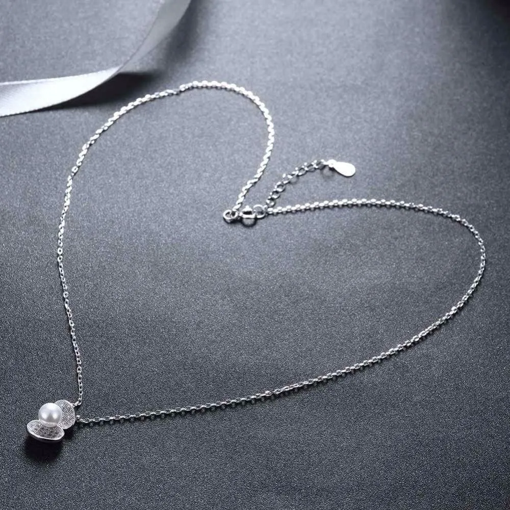 Solid Women’s 925 Sterling Silver Necklace with Simulated Pearl Shell Design Pendant, Trendy Fashion Jewelry for Women