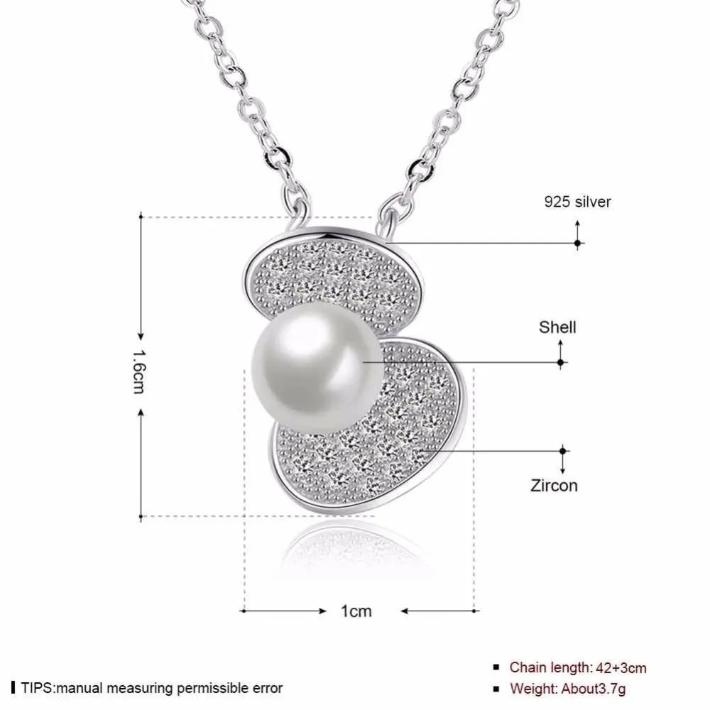 Solid Women’s 925 Sterling Silver Necklace with Simulated Pearl Shell Design Pendant, Trendy Fashion Jewelry for Women