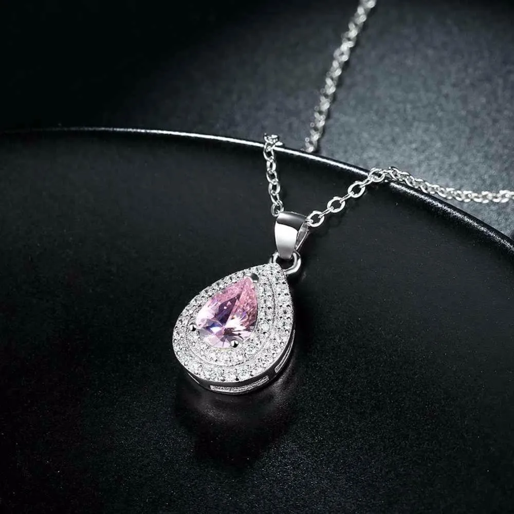 Solid Women’s 925 Sterling Silver Necklace with Water Drop Pink Stone Pendant, Trendy Wedding Jewelry for Ladies