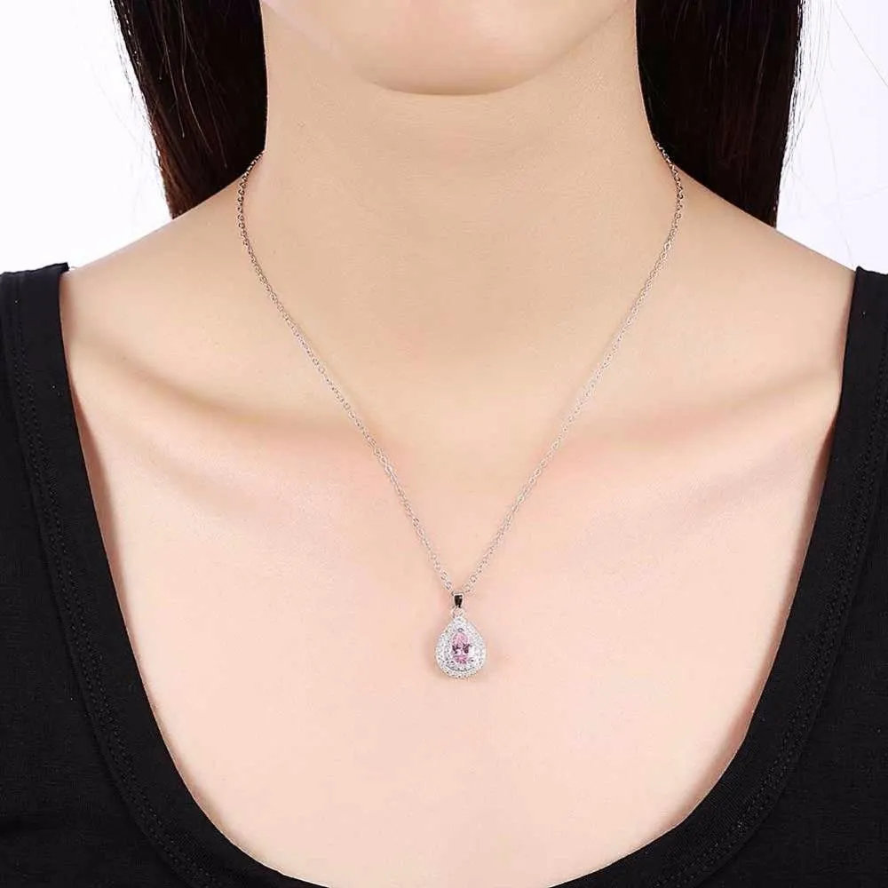 Solid Women’s 925 Sterling Silver Necklace with Water Drop Pink Stone Pendant, Trendy Wedding Jewelry for Ladies