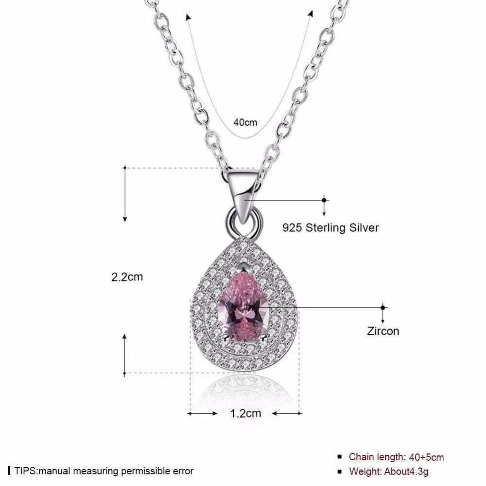 Solid Women’s 925 Sterling Silver Necklace with Water Drop Pink Stone Pendant, Trendy Wedding Jewelry for Ladies