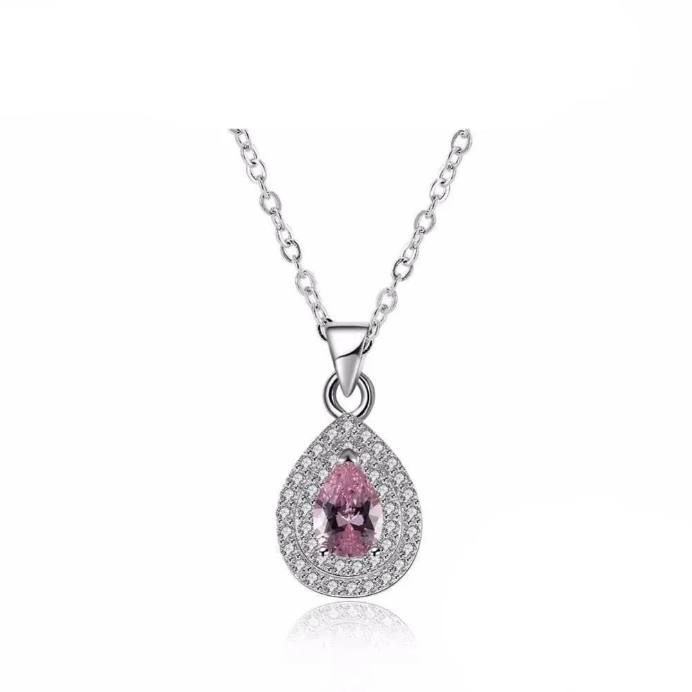 Solid Women’s 925 Sterling Silver Necklace with Water Drop Pink Stone Pendant, Trendy Wedding Jewelry for Ladies