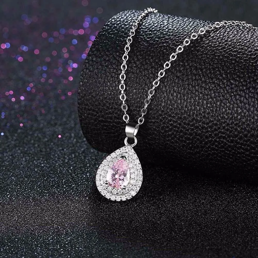 Solid Women’s 925 Sterling Silver Necklace with Water Drop Pink Stone Pendant, Trendy Wedding Jewelry for Ladies