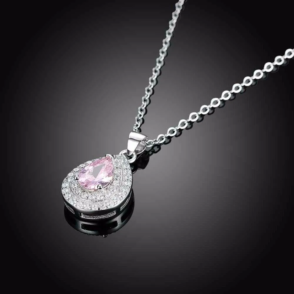 Solid Women’s 925 Sterling Silver Necklace with Water Drop Pink Stone Pendant, Trendy Wedding Jewelry for Ladies
