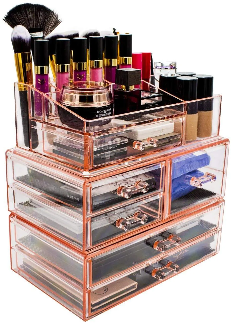 Sorbus Acrylic Cosmetics Makeup and Jewelry Storage Case Display Sets -Interlocking Drawers to Create Your Own Specially Designed Makeup Counter -Stackable and Interchangeable (Pink)